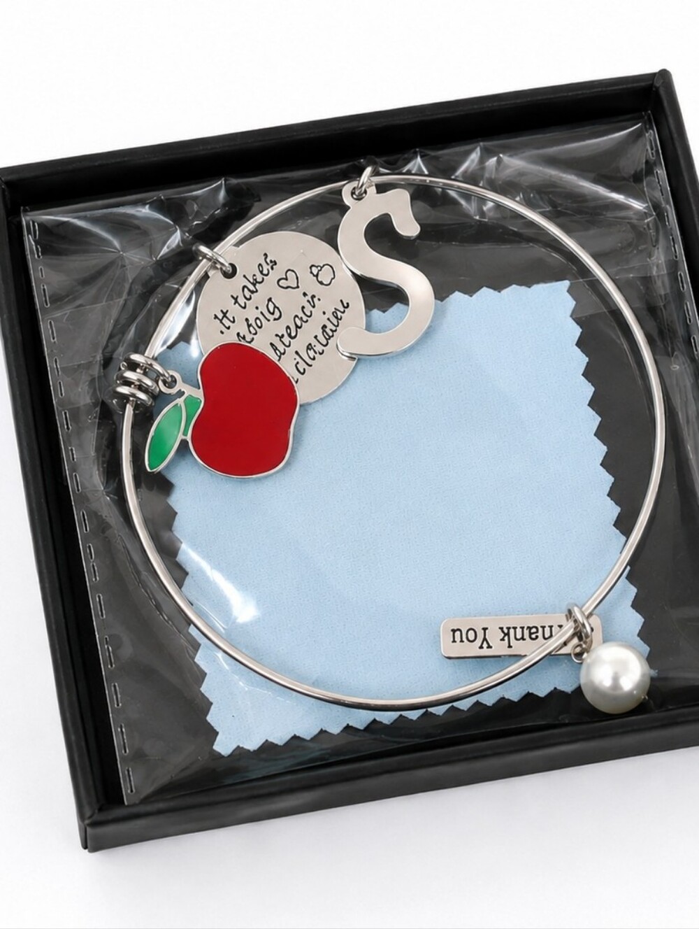 Teacher Appreciation Apple Charm Bangle Bracelet | Initial "S" | Thank You Gift